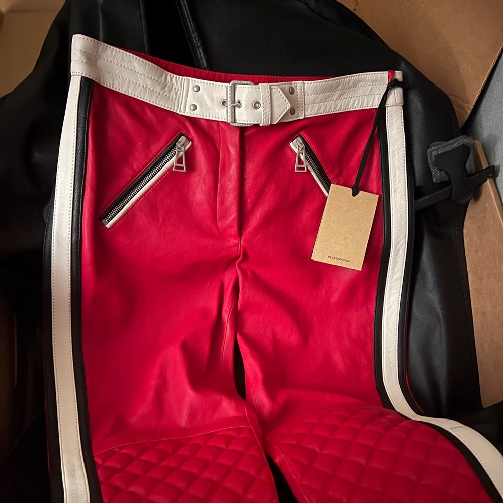 Belstaff Pace Leather Moto Trouser Pant. Slim fit style. Functional zip pockets.